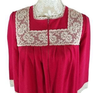 Vintage S Red Lace Montgomery Ward Zip Front Housecoat Dressing Gown Robe